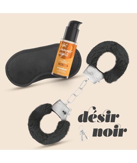 DÉSIR NOIR Conjunto de bondage suave: algemas, venda e lubrificante de aquecimento