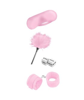 STARTER BONDAGE Conjunto de iniciação BDSM com venda para os olhos, algemas, pluma e dados