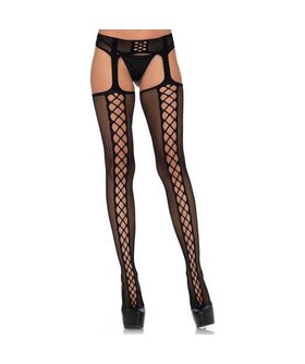 LEG AVENUE LACE Meias opacas de rede com costura larga e ligas integradas