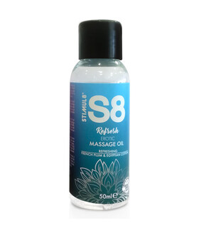 S8 REFRESH Huile érotique enrichie en huiles essentielles, nutriments et disponible en trois parfums.