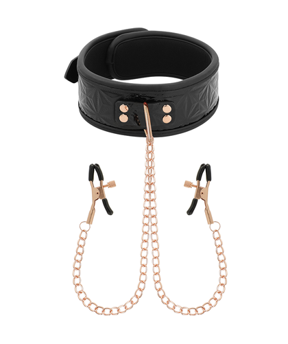 BLACK EDITION  SENSATION Collar de neopreno con cadena y pinzas para pezones begme