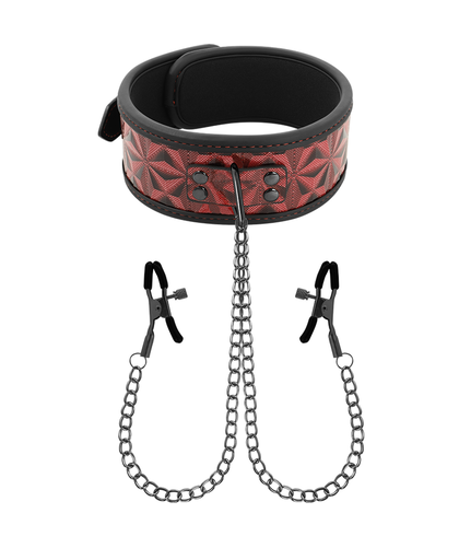 RED EDITION COLLAR Collar de neopreno con cadenas y pinzas de pezones begme
