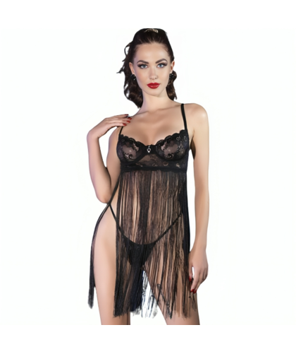 CAMISÓN Y TANGA CR-4496 Babydoll negro con cordones para realzar figura
