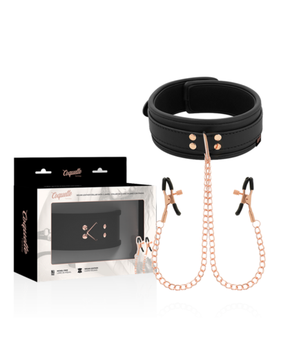 NEXUS GUARD Set de collar de cuero vegano con correa y pinzas coquette