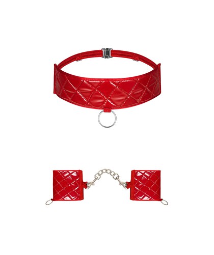 OBSESSIVE HUNTERIA BONDAGE Set de gargantilla y esposas rojas con cadena desmontable