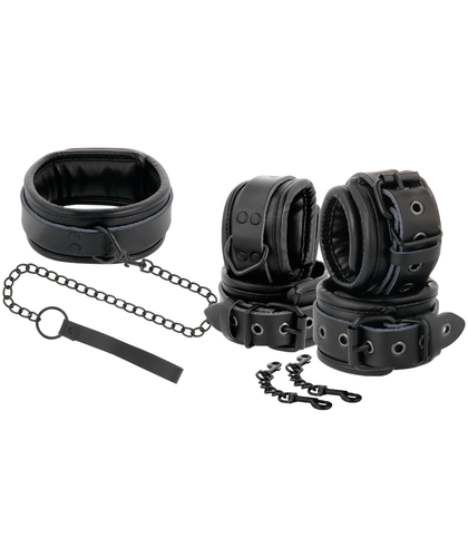 COLLARE IN PELLE NERO Set BDSM con collare, manette e guinzaglio in pelle resistente