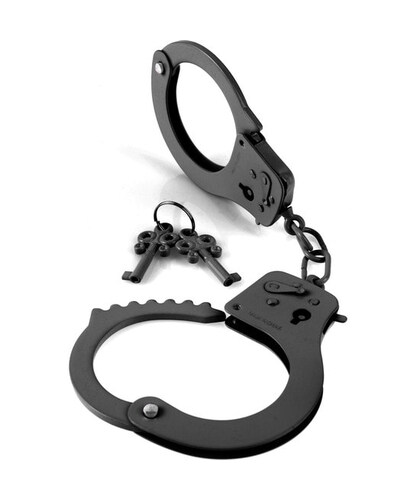 FETISH FANTASY DESIGNER CUFFS Algemas negras de metal, acessíveis, com chaves, ideais para práticas de BDSM.