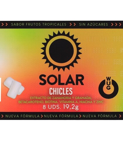 WUG SOLAR Formato en chicle con vitaminas y sabor tropical.