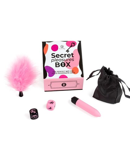 KIT SECRET PLEASURES BOX Kit érotique avec vibromasseur, plumeau, dés et pochette élégante