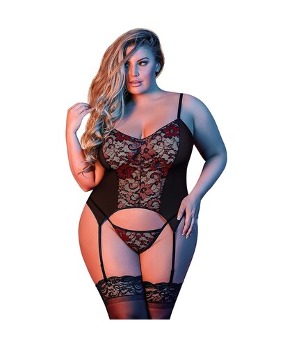 MERRY WIDOW FLOR Conjunto de lencería negra con correas ajustables y tanga