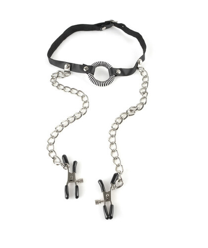 MORDAZA DE ANILLO CON PINZAS PARA PEZONES Adjustable Gag with Clamps, Perfect for BDSM Beginners