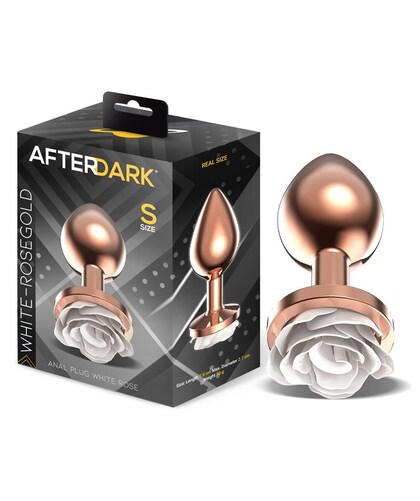 ROSA DORADO BLANCO Plug anal de metal oro rosa con rosa blanca en la base talla s