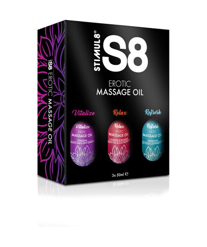 S8 SET MASSAGE OIL Conjunto sensorial de três óleos de massagem, aromas exóticos