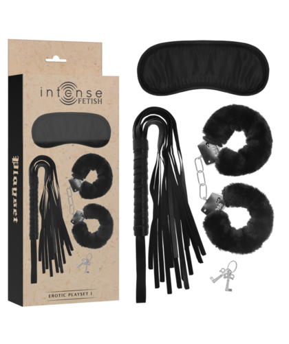 SET ERÓTICO 1 Set erótico vegano de esposas, antifaz y látigo, elegante