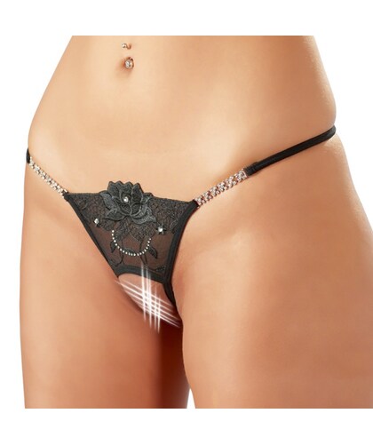 THONG RHINESTONES Sleek Black Thong with a Playful Peek-a-Boo Design
