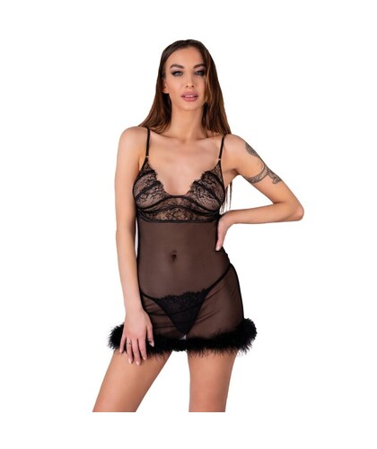 ZERUNAM ENSEMBLE BABYDOLL + TANGA N Ensemble de lingerie noir, sensuel et confortable, zerunam.
