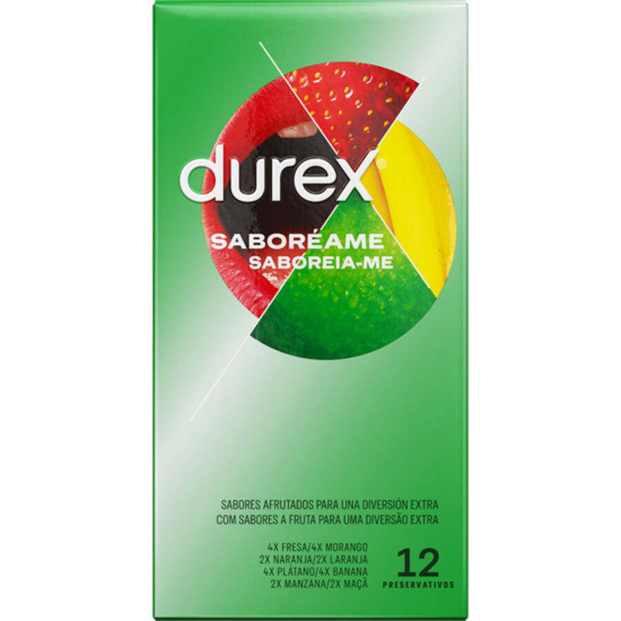 Pack de 12 preservativos com sabores e cores frutadas Pack de 12 preservativos com sabores e cores frutadas