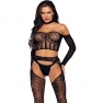 Conjunto de renda requintado: top, ligas, meia-calça e tanga