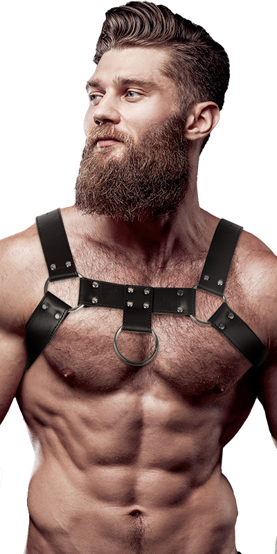 ATTITUDE ARNESS Discover our adjustable vegan harness that enhances your masculine physique.