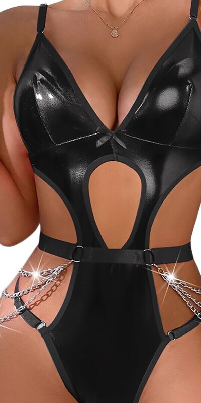 BODY FAUX LEATHER NAMOUR Body erotico in ecopelle con catene decorative