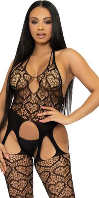 NET SUSPENDER BODYSTOCKING Bodystocking a rete con cuori e design senza cuciture