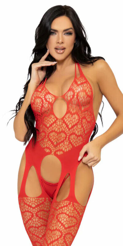 VIERNES 13 Bodystocking de rede com corações, estilo ligueiro único