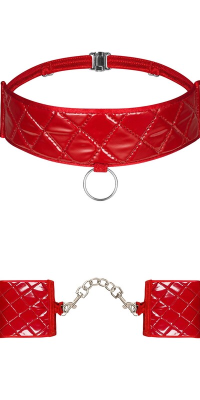 OBSESSIVE HUNTERIA BONDAGE Red Choker and Cuffs Set with Detachable Chain