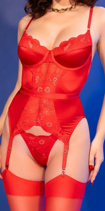 PASSIONE CHILIROSE Corsetto rosso con pizzo floreale e perizoma coordinato