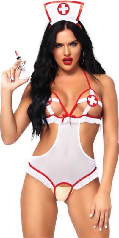 LEG AVENUE THRUST Body sensual de enfermeira com touca a condizer