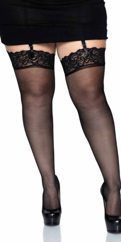 LEG AVENUE SILKY Meias de nylon pretas com renda superior plus