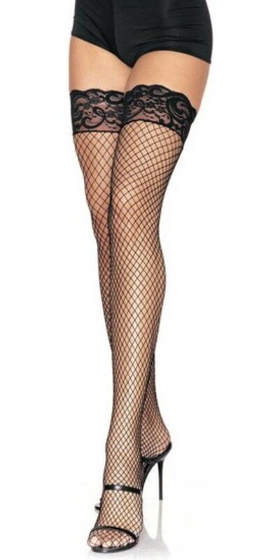 LEG AVENUE STAY Meias de rede negras autocolantes com renda elegantes