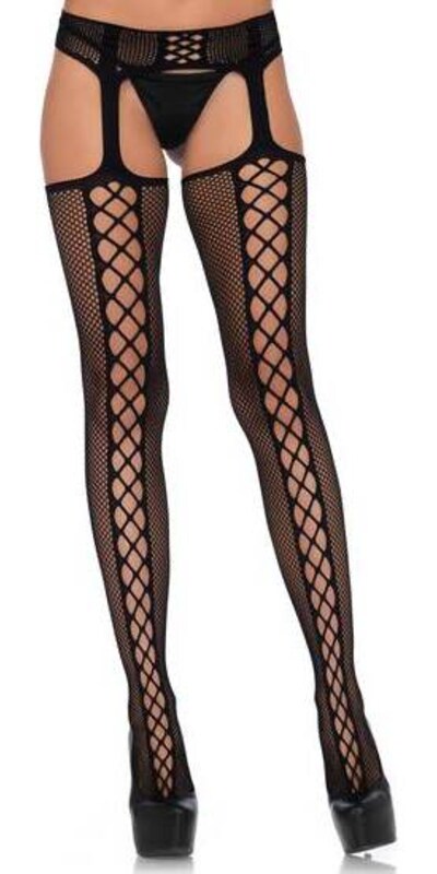 LEG AVENUE LACE Calze opache a rete con cucitura larga e giarrettiere integrate