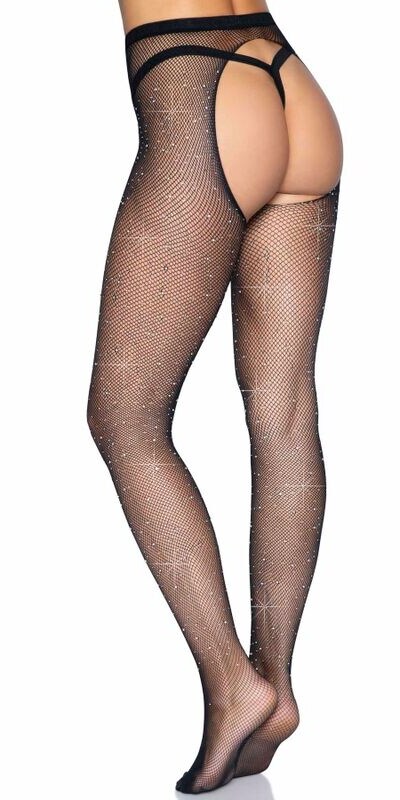 TOQUE GLAMOUR Meias de rede com strass e abertura. Sedução garantida!