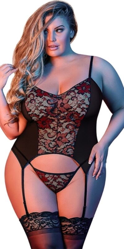 MERRY WIDOW FLOR Conjunto de lingerie preta com alças ajustáveis e fio dental