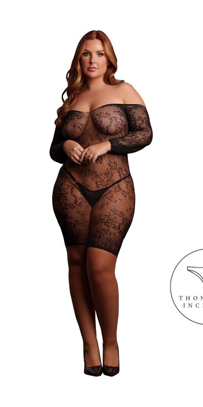 LE DÉSIR MATILDA Robe courte en dentelle noire à épaules dénudées