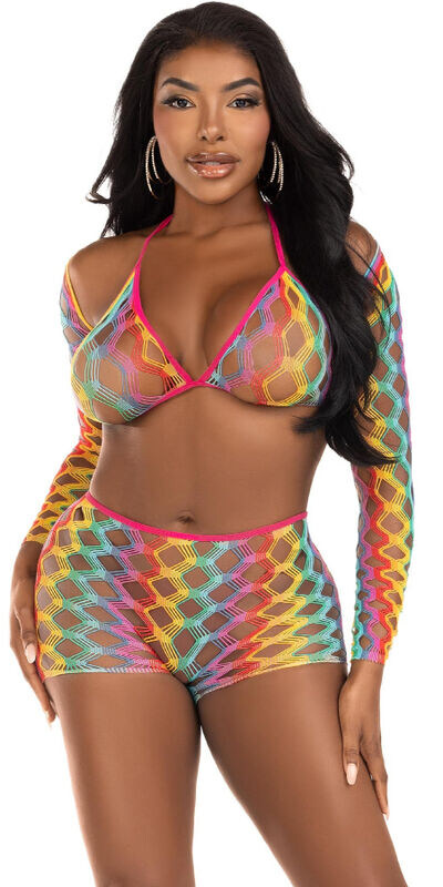 SET THREE-PIECE MULTICOLOR Three-Piece Rainbow Lingerie Set