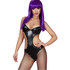 Body sexy in vinile nero con dettagli borchiati decorativi.