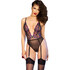 Body sensual com renda, entrepernas abertas e meias.